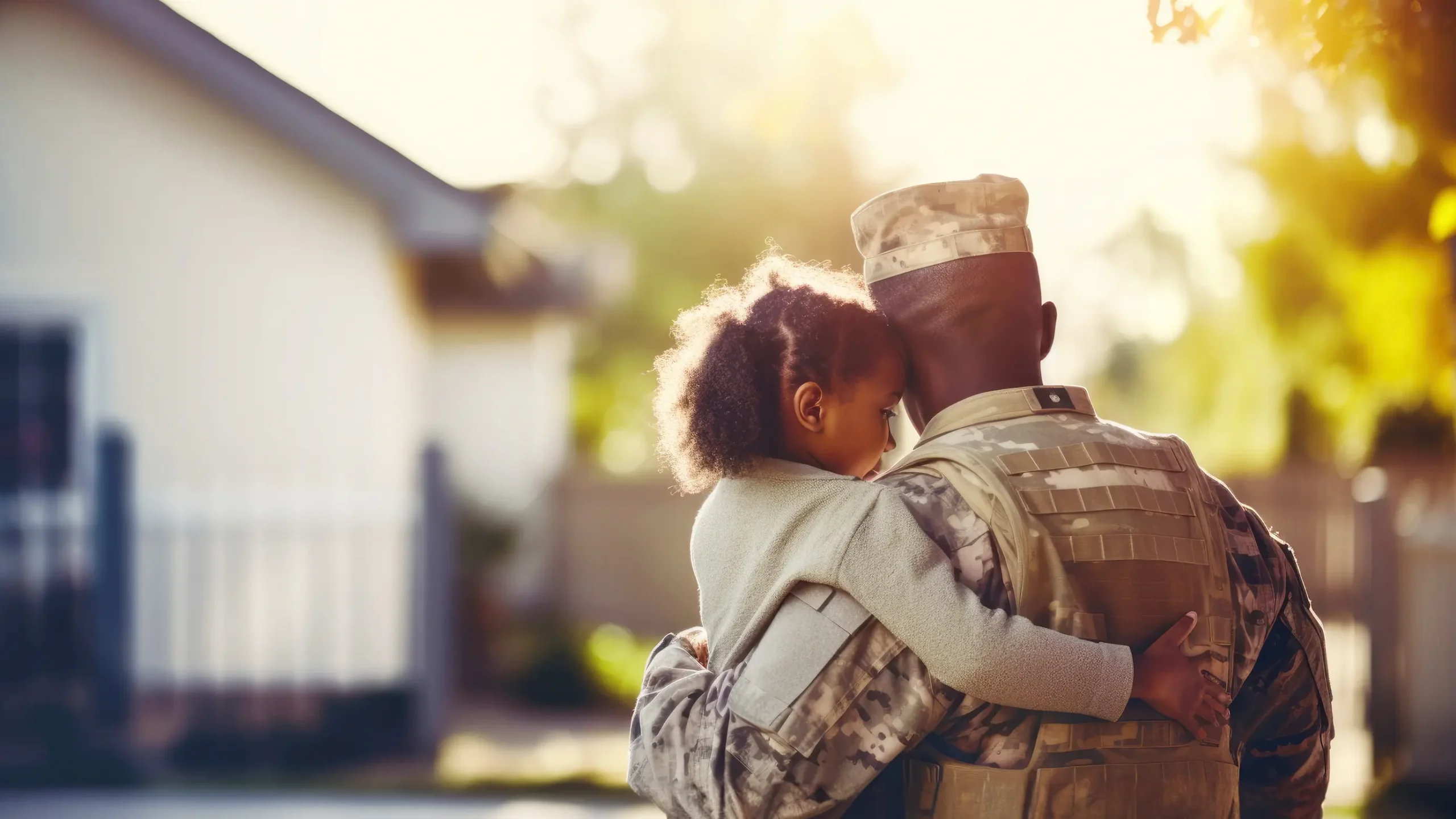 African american veteran soldier in uniform hugs his little daughter